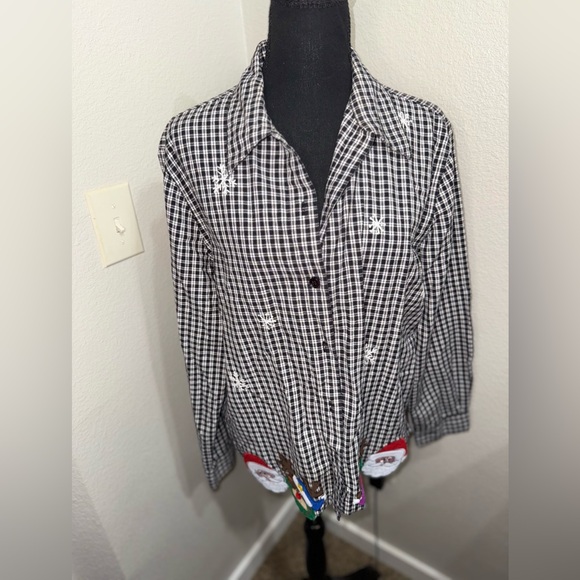 Lemon Grass Tops - Vintage Black and White Plaid Christmas Shirt- Size XL